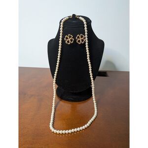 VTG Sarah Coventry Faux Pearl Necklace and Clover Earrings Gold Tone Jewelry Set